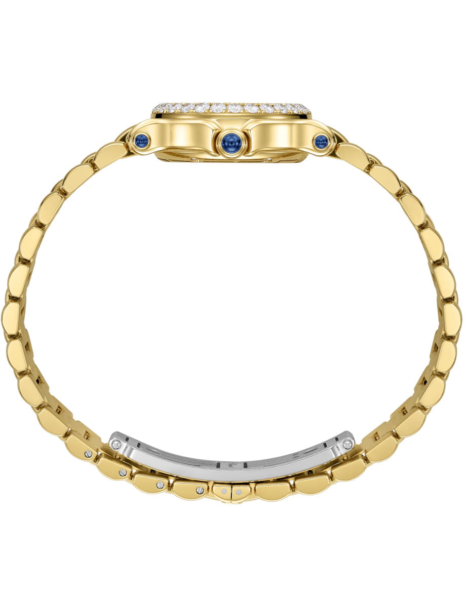 Gold bracelet-style watch with a diamond-studded bezel, blue cabochon accents, and a curved silver clasp seen from the side.
