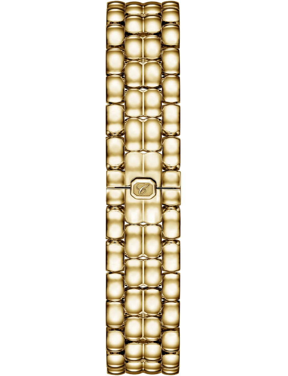 Close-up of a vertical gold bracelet with rounded rectangular links and a central clasp engraved with a cursive 'C' logo