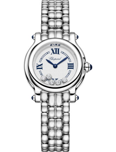 Chopard wristwatch with stainless steel case and bracelet, and silver-toned grained dial with 5 dancing diamonds.