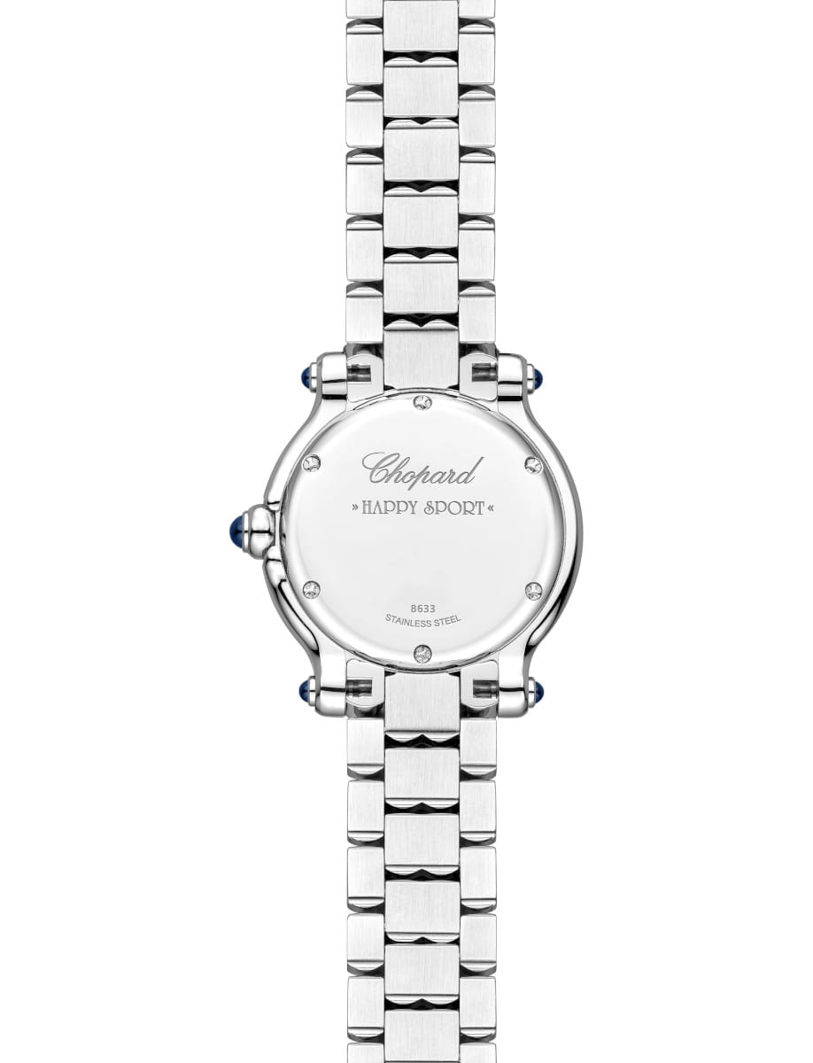 Back of stainless steel Chopard Happy Sport watch with linked bracelet and engraved logo on the case back, blue crown accents visible on the sides.