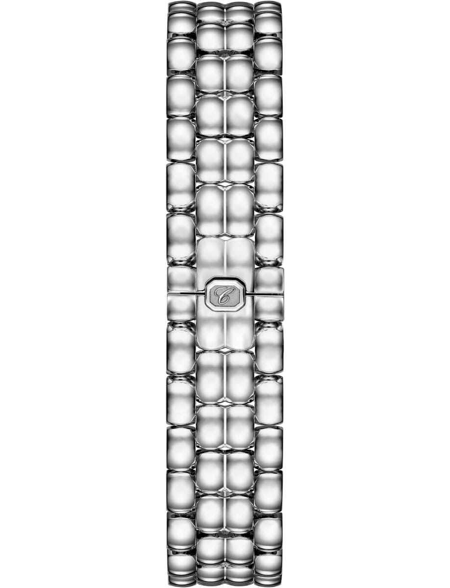 Close-up of a silver metal bracelet with rounded rectangular links and a central clasp bearing a cursive 'C'.