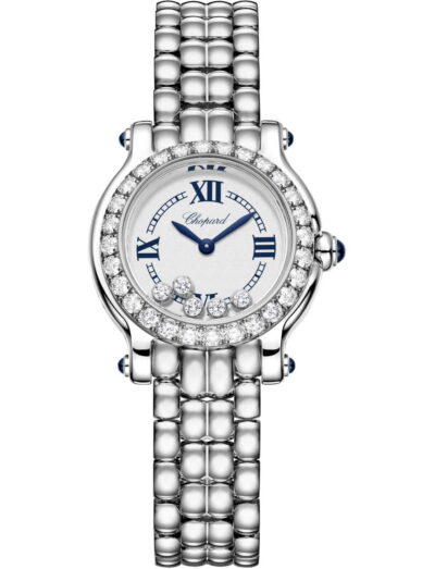 Chopard ladies' diamond wristwatch with a stainless steel case and bracelet, blue hands on a silver grained dial, bezel set with diamonds, and 5 dancing diamonds in the dial.