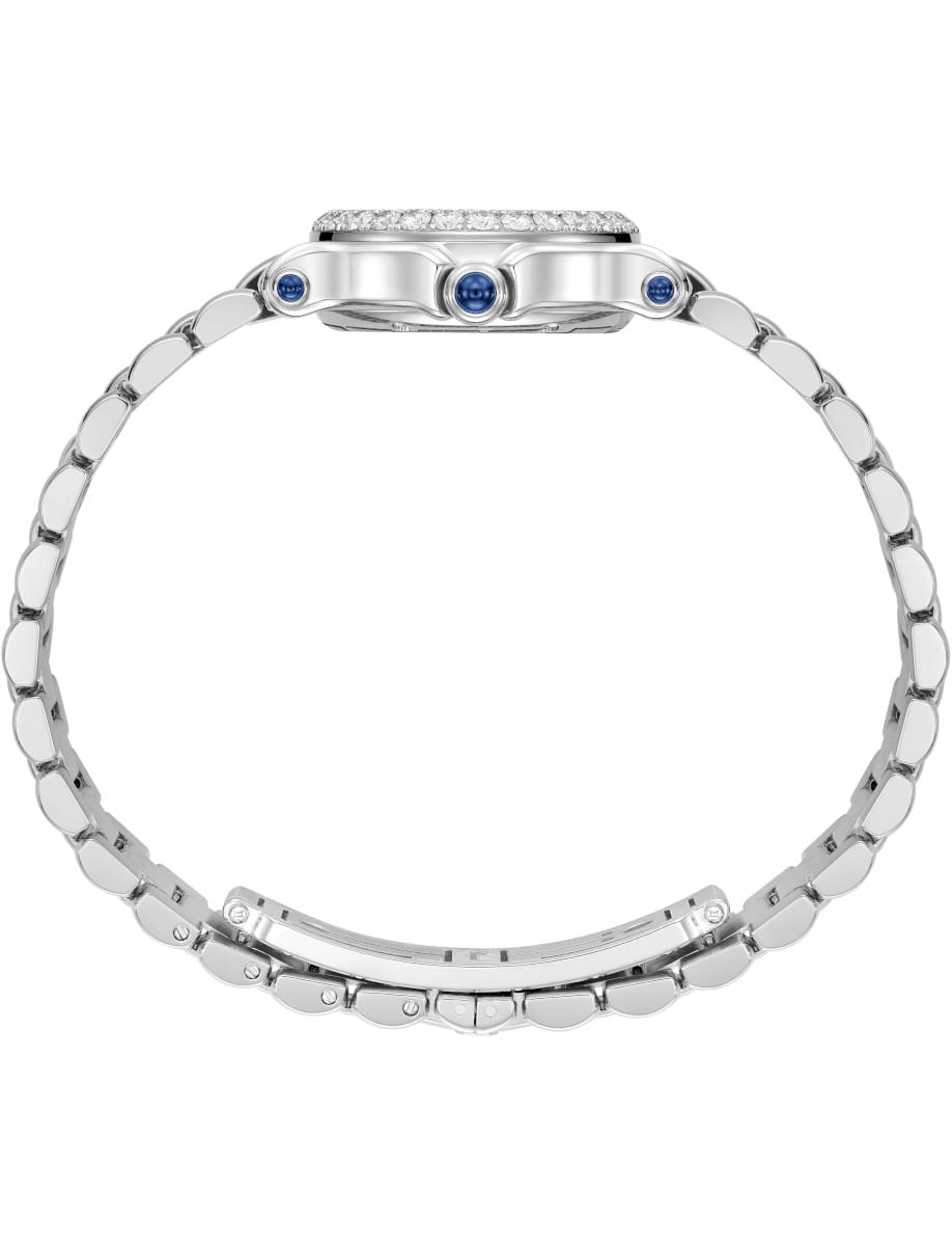 Side view of a stainless steel bracelet watch with stainless steel crown, showing a deployed clasp.