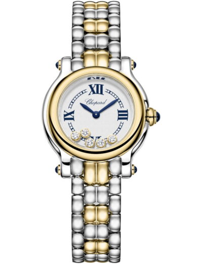 Chopard ladies' wristwatch with a 18k yellow gold and stainless steel case and bracelet, blue hands on a silver grained dial, 18k yellow gold bezel, and 5 dancing diamonds in the dial.