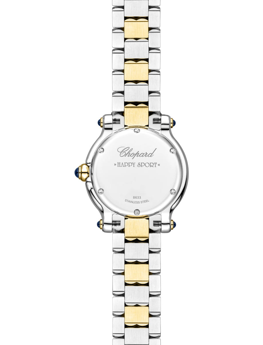 Two-tone stainless steel and gold watch bracelet with the back of a Chopard Happy Sport watch showing engraved branding.