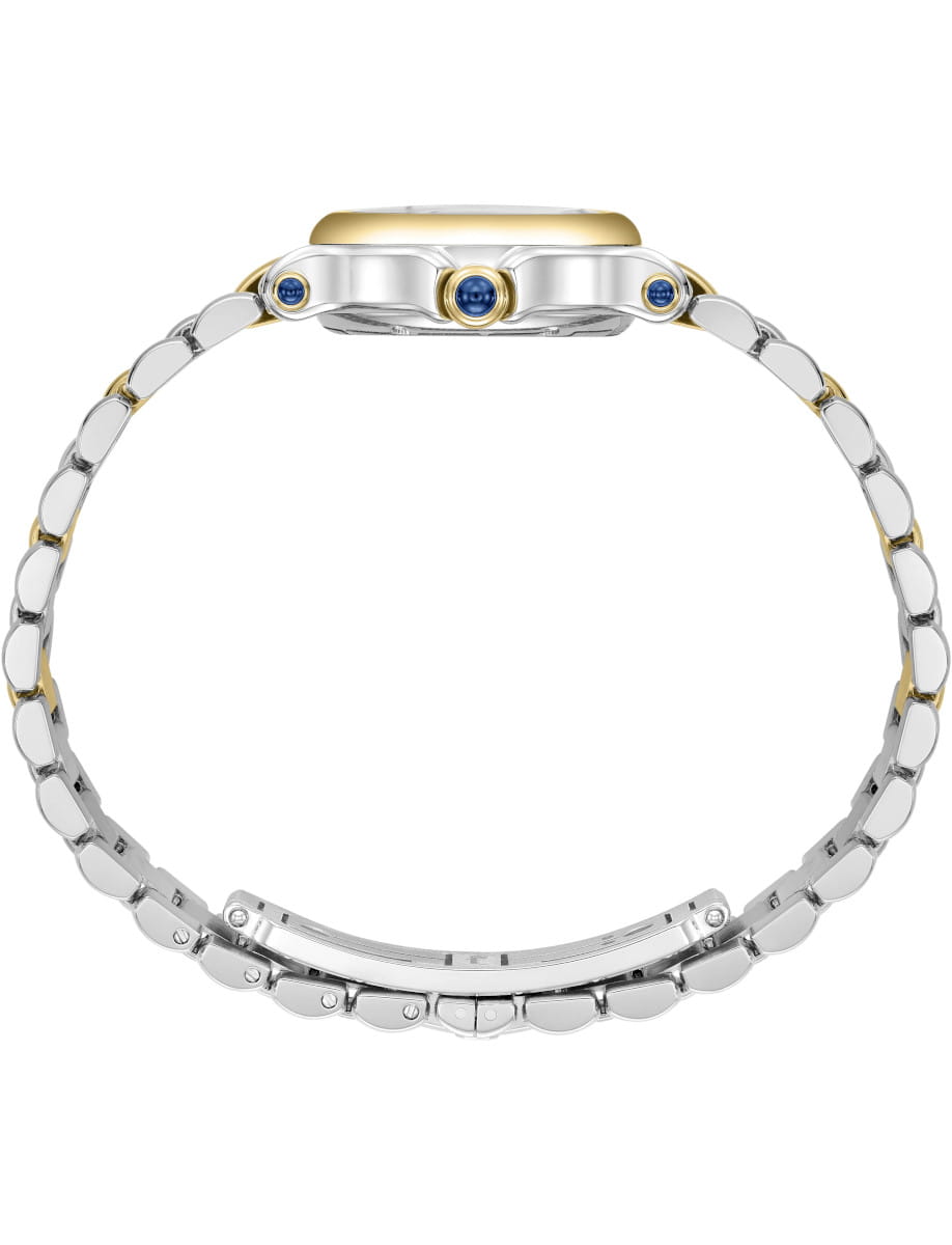 Side view of a two-tone metal bracelet watch with gold accents and stainless steel crown, viewed from the side.