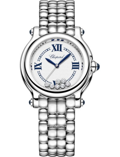Chopard silver-toned wristwatch with blue hands and 5 dancing diamonds on a silver grained dial and stainless steel bracelet.
