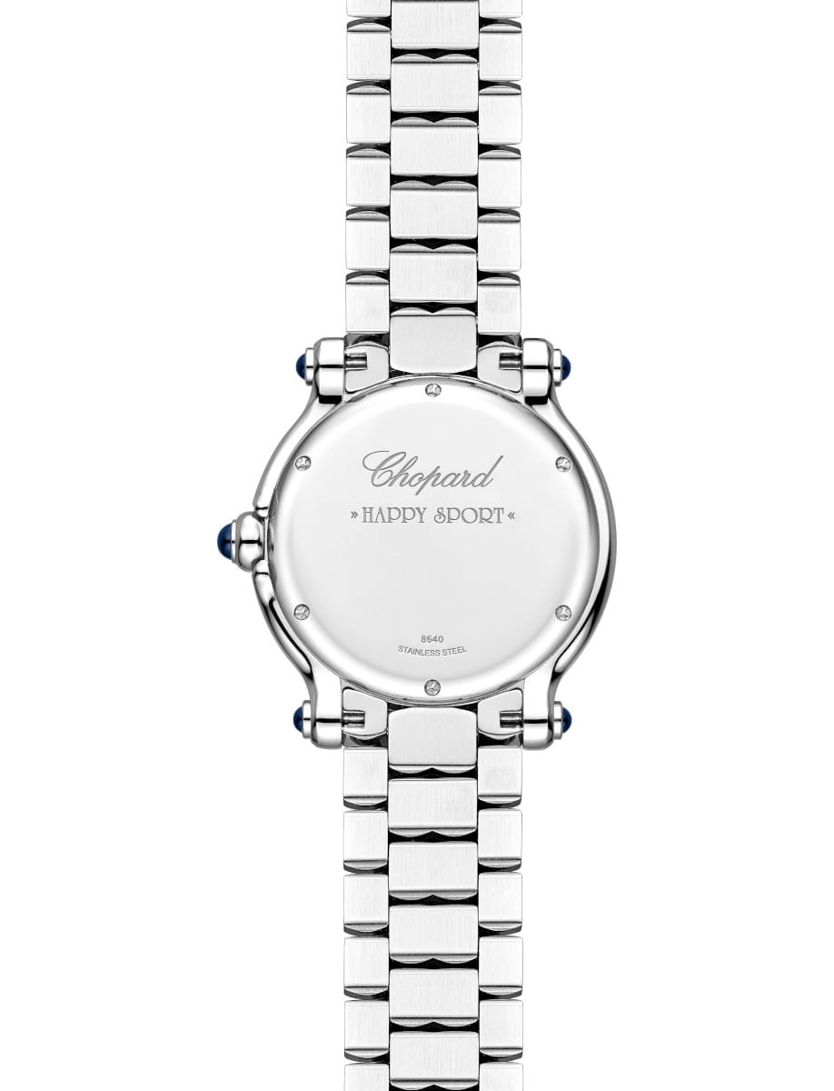 Back of a stainless steel Chopard 'Happy Sport' watch showing the engraved branding on the case back, with a polished metal bracelet and small blue accent screws on the lugs.