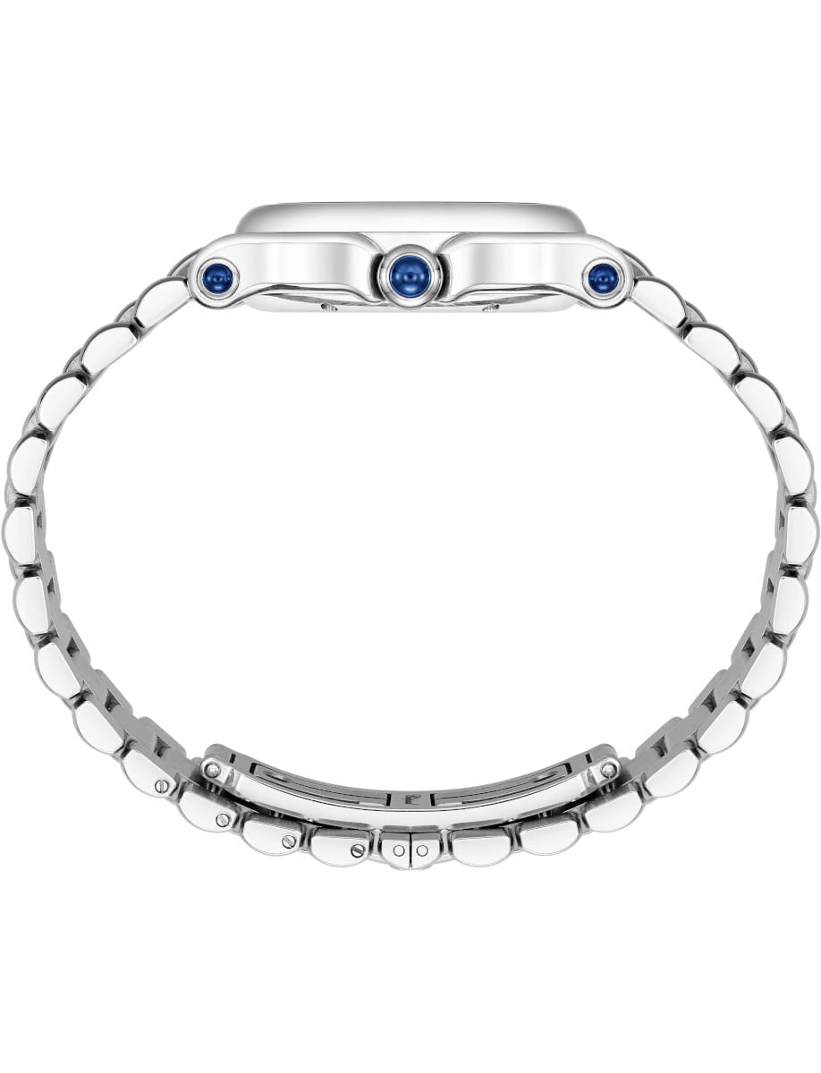 Side view of stainless steel wristwatch with link bracelet with blue accents and deployment clasp.
