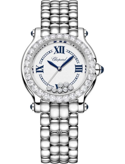Chopard diamond‑encrusted bezel watch with a silver bracelet, white dial, blue hands, and blue cabochon crown.