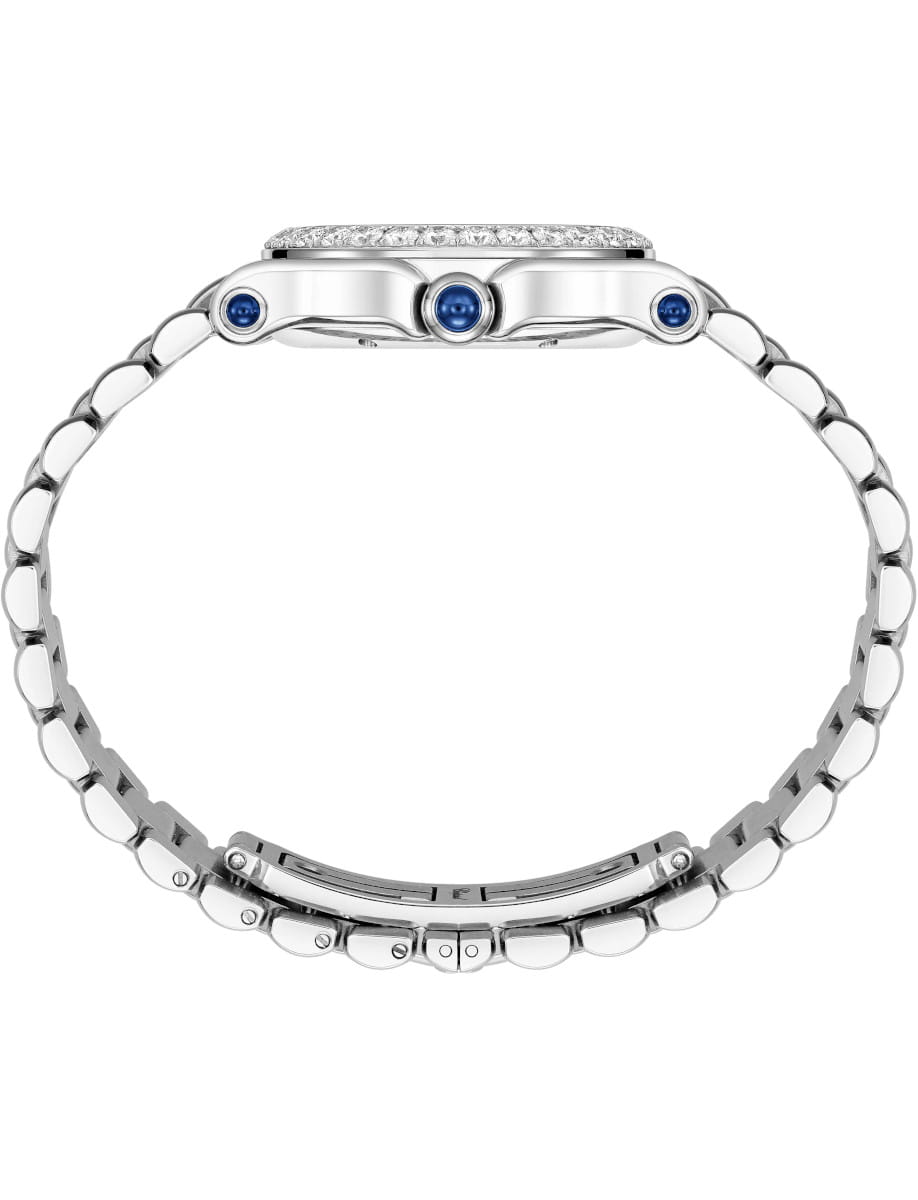 Silver-toned bracelet with rounded rectangular links and three blue cabochon stones along the center.