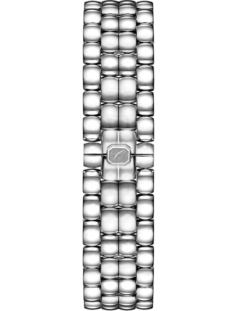 Vertical view of a silver metal link bracelet with a central clasp bearing a stylized 'C' emblem.