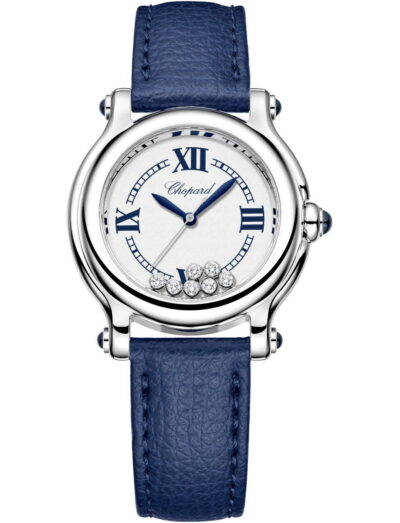 Chopard wristwatch with a stainless steel case, blue leather strap, silver grained dial, blue Roman numerals, and dancing diamond on the dial.