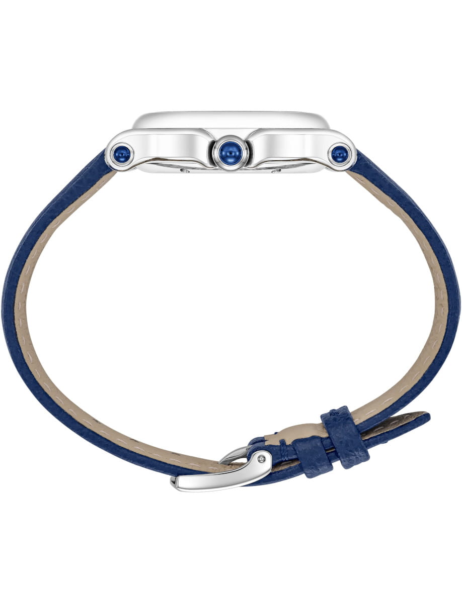 Side view of Chopard wristwatch with blue leather bracelet with a silver clasp and stainless steel case.