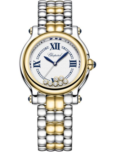 Chopard ladies' wristwatch with a 18k yellow gold and stainless steel case and bracelet, blue hands on a silver grained dial, 18k yellow gold bezel, and 5 dancing diamonds in the dial.