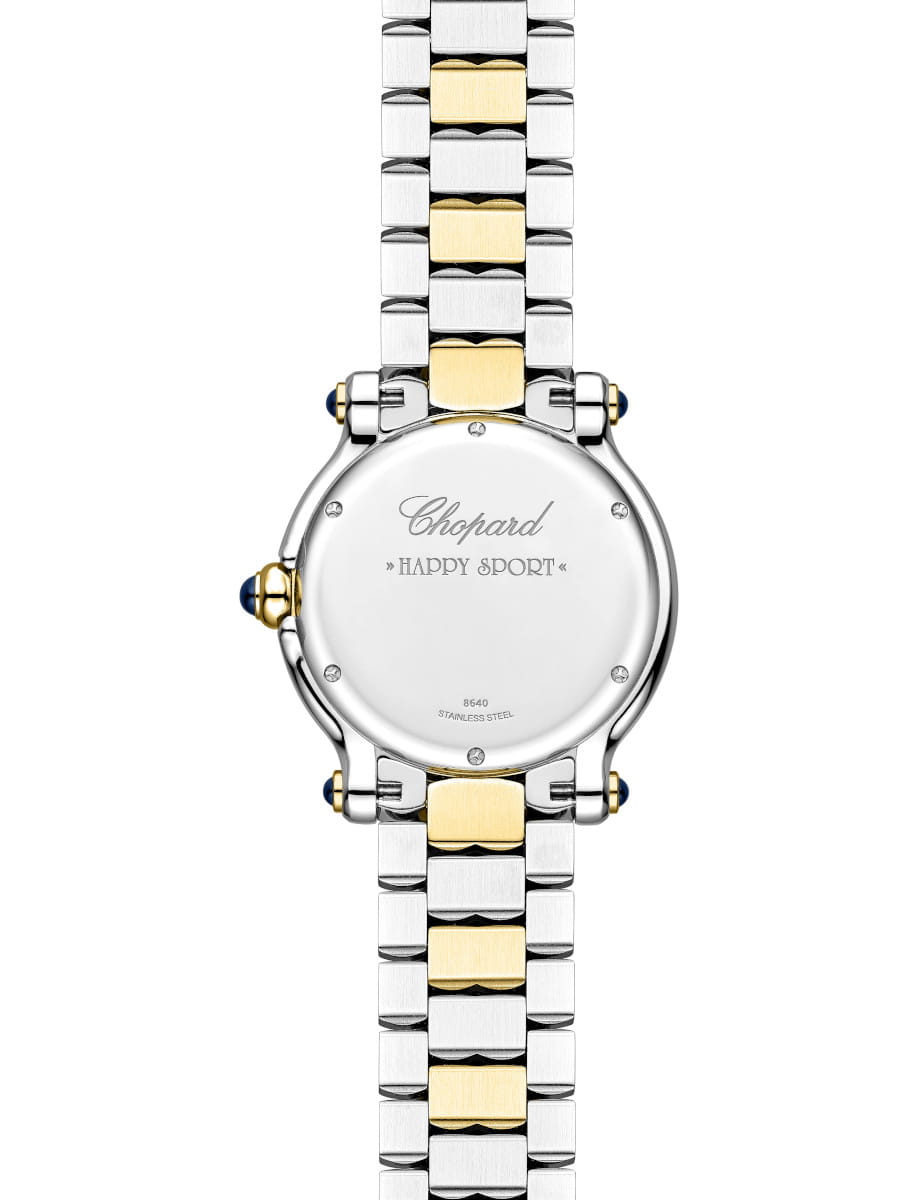 Two-tone stainless steel and gold watch bracelet with the back of a Chopard Happy Sport watch showing engraved branding.