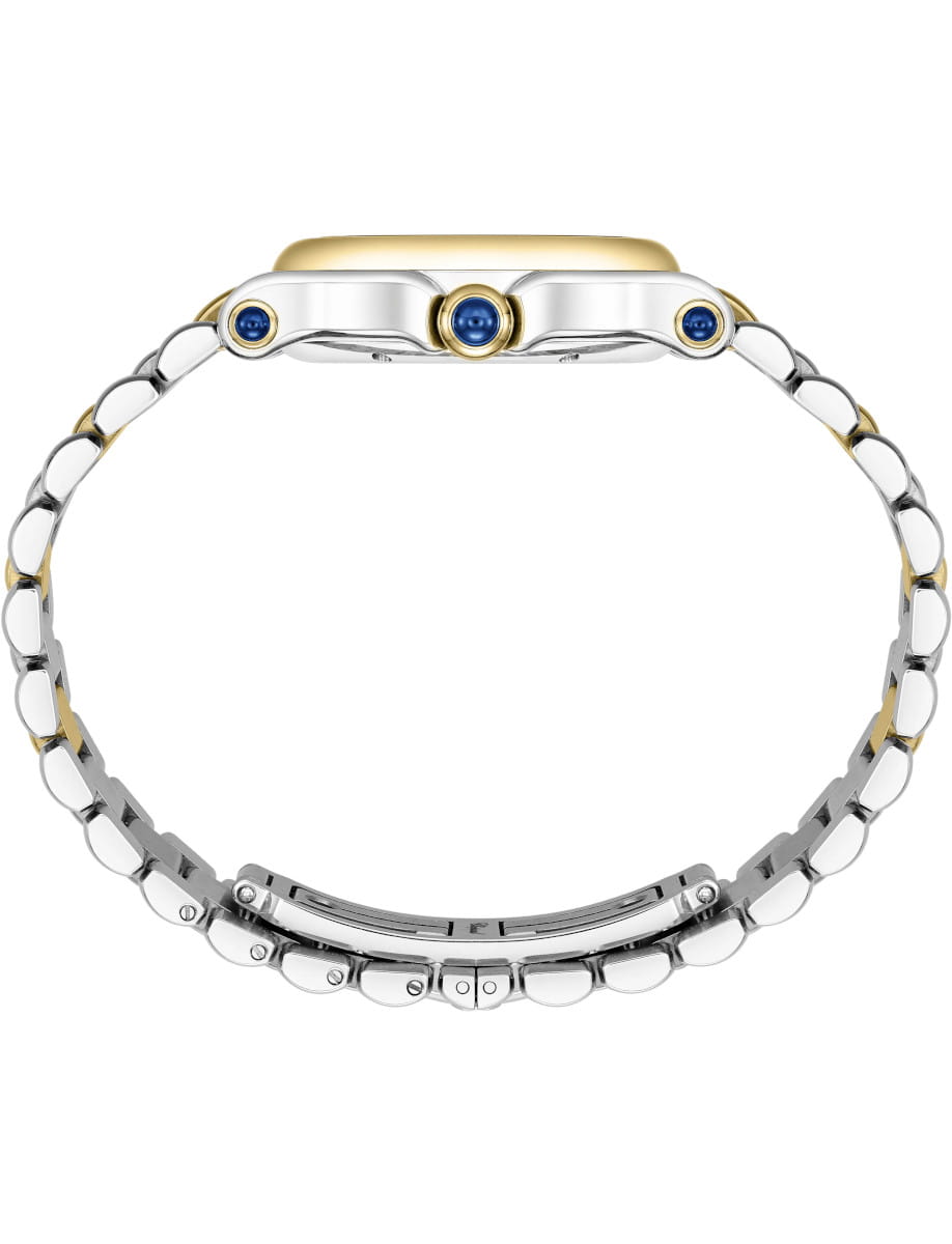 Side view of a two-tone metal bracelet watch with gold accents and stainless steel crown, viewed from the side.