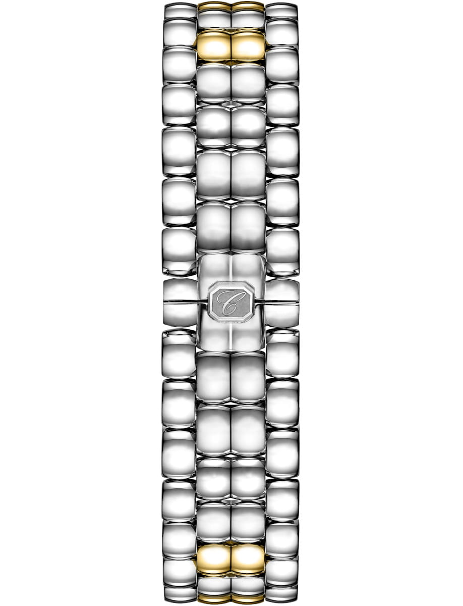 Two-tone stainless steel and gold watch bracelet with the back of a Chopard Happy Sport watch showing engraved branding.