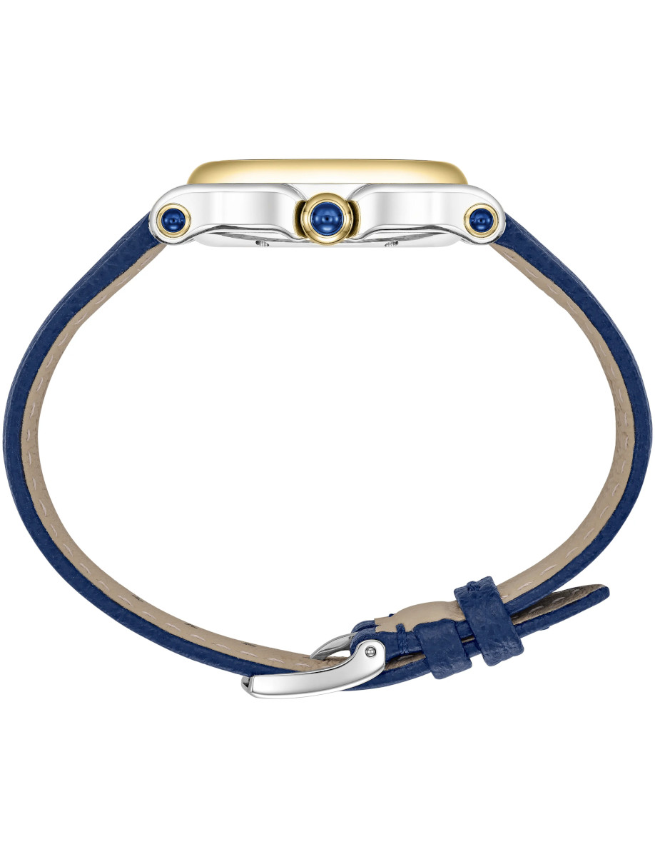 Side view of Chopard wristwatch with blue leather bracelet with a silver clasp and stainless steel case.