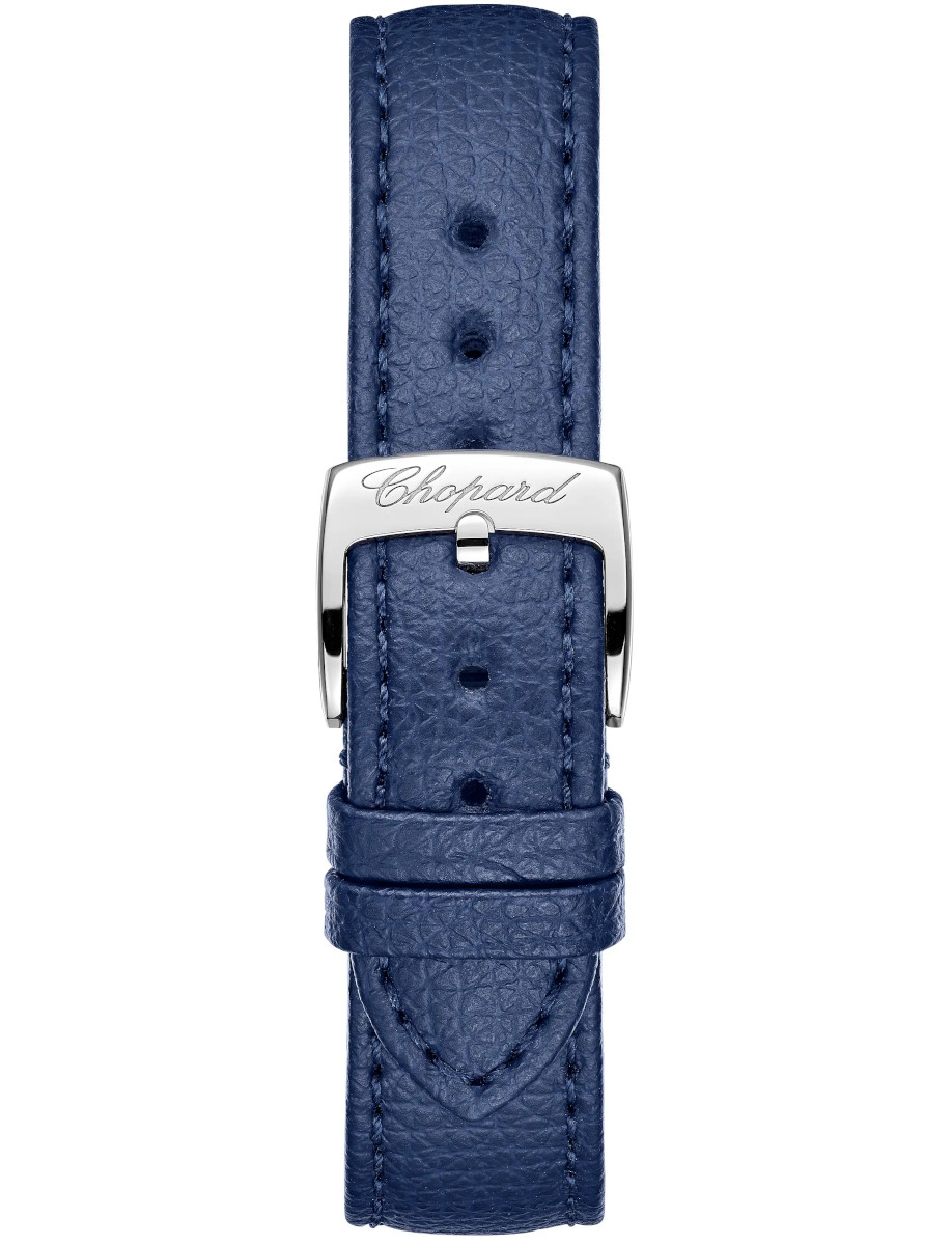 Blue leather watch strap with a steel buckle engraved 'Chopard' and stitched edges for a premium look.