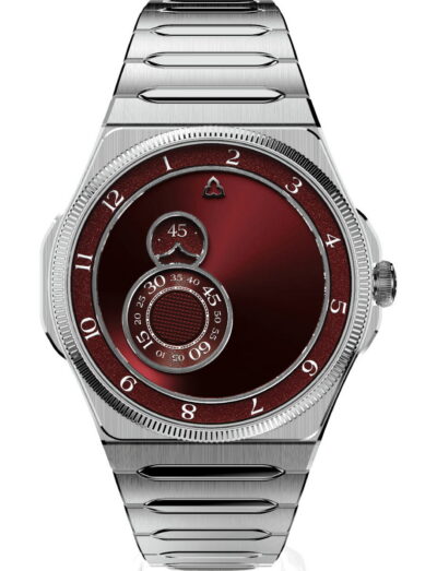 Stainless steel wristwatch with burgundy dial, outer hour numbers, and a nested circular subdial at center.
