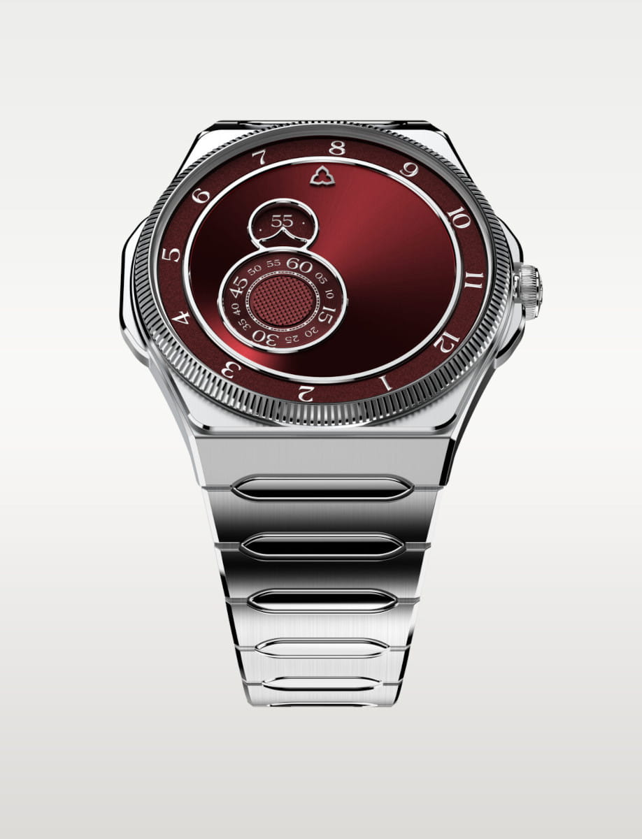 Stainless steel luxury wristwatch with a deep red circular dial and exposed inner rings on a steel bracelet