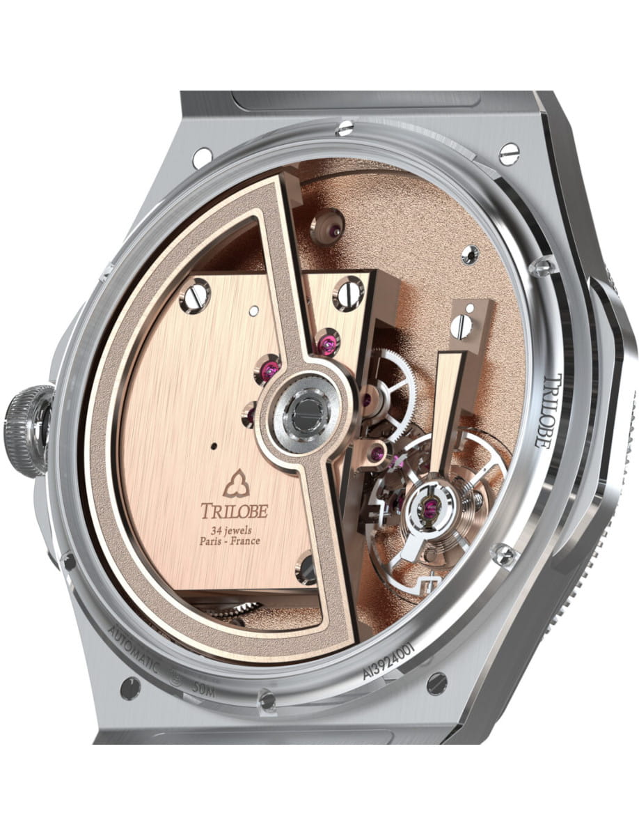 Close-up of a luxury watch movement with copper-colored rotor and gears visible through the case back
