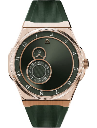 Rose gold wristwatch with a dark green dial and green strap; features layered subdials.