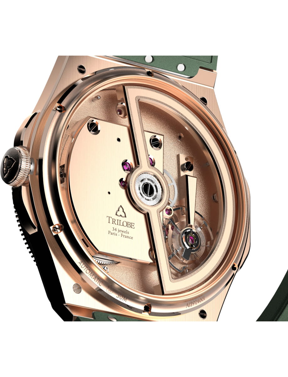 Rose-gold watch case back showing exposed mechanical movement with rotor and jewels.