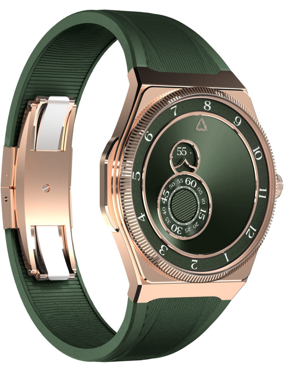 Angle side view of Gold-tone Arnold&Son wristwatch with a rose gold case, green dial and green strap.