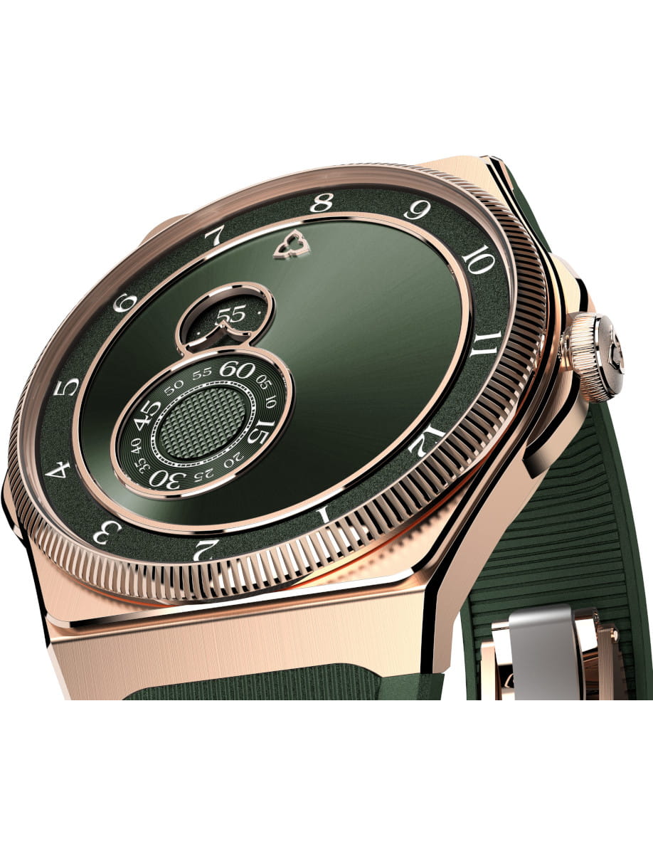 Gold-tone Arnold&Son wristwatch with a rose gold case, green dial and green strap.