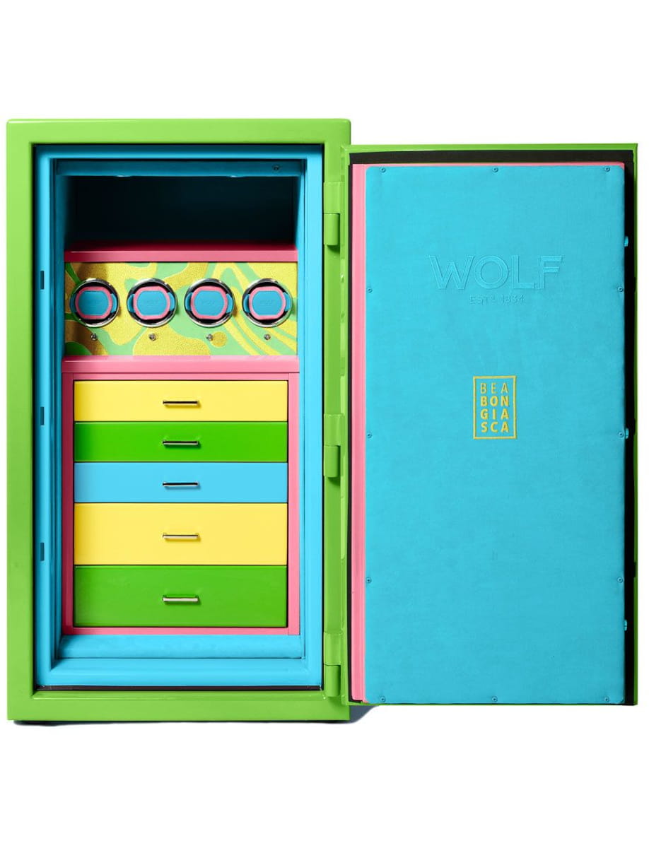 Open brightly colored cabinet with green frame