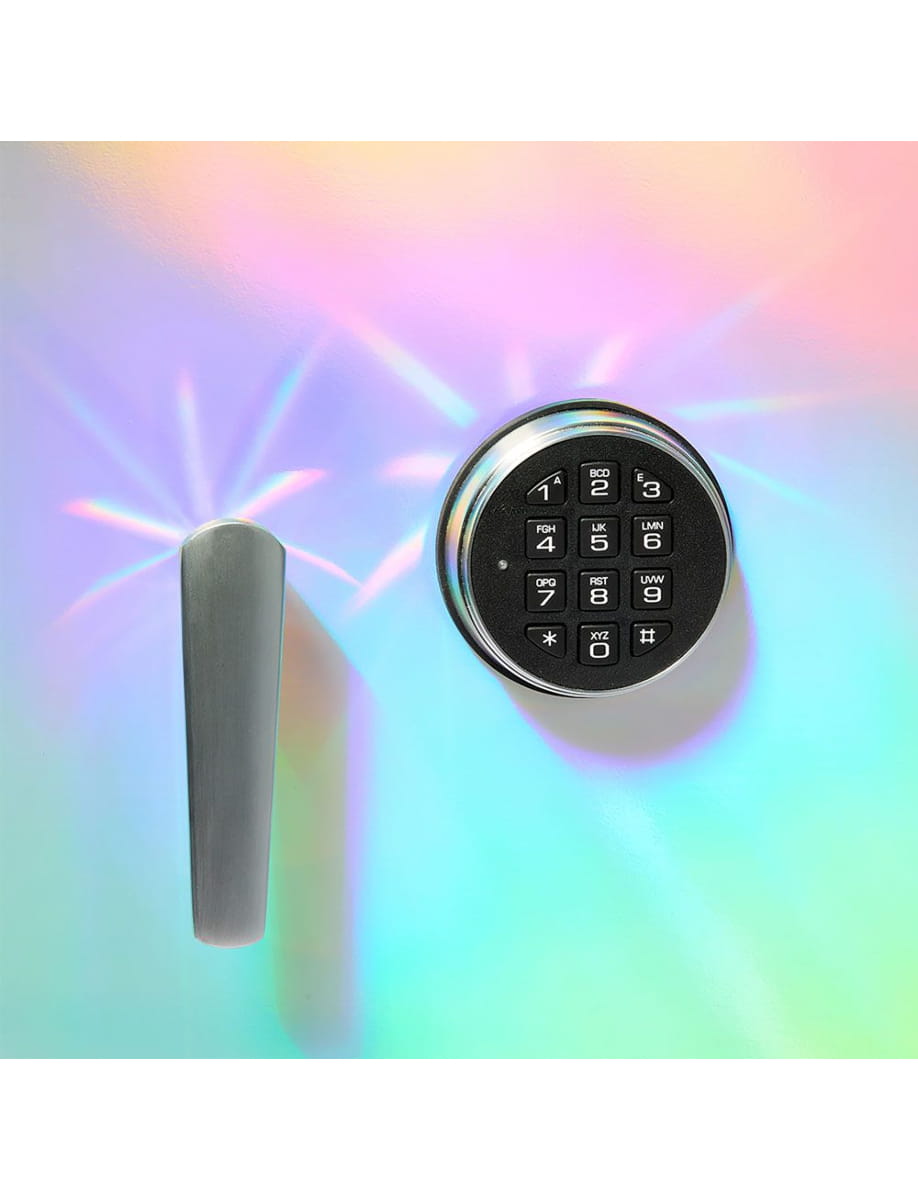 Electronic safe with circular keypad and vertical handle on a colorful iridescent background.