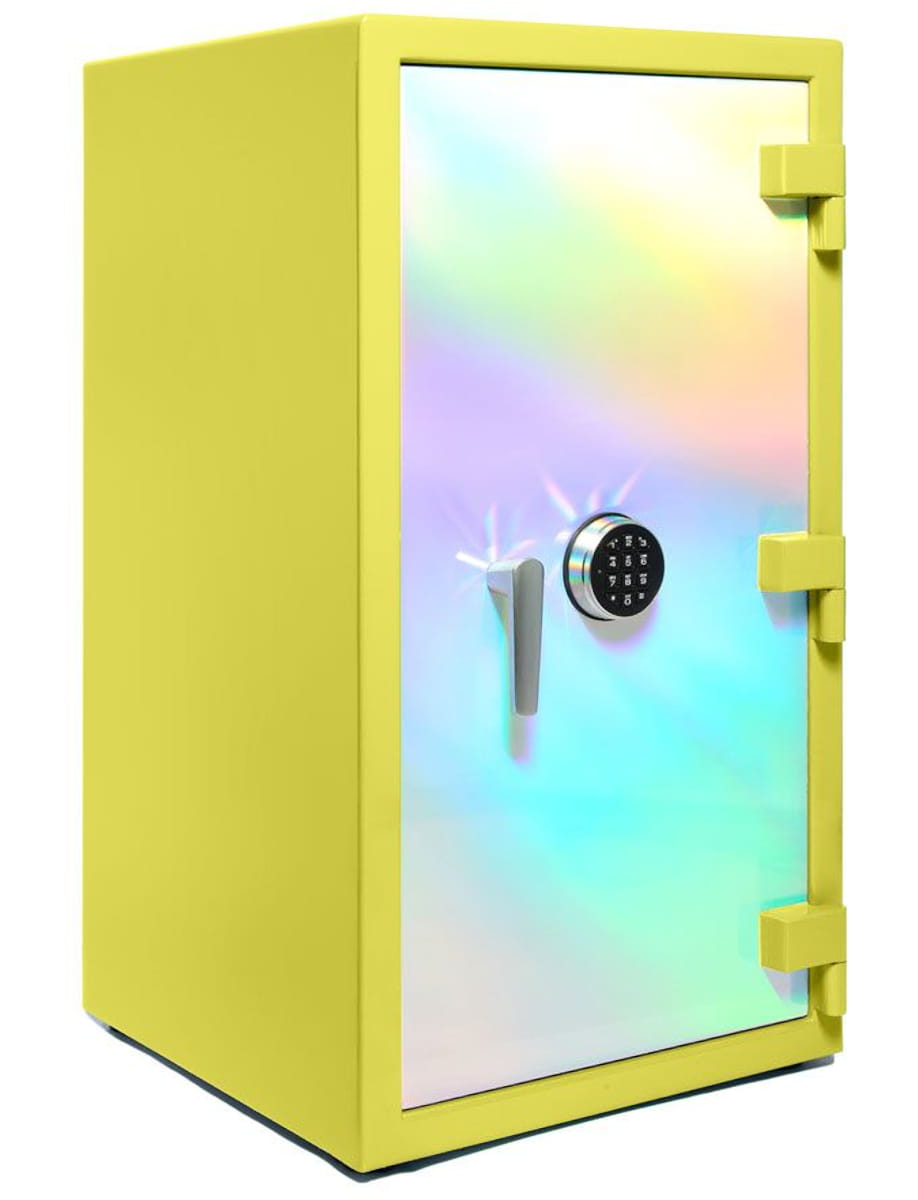Bright yellow safe with a holographic iridescent door, a digital keypad and a vertical handle.
