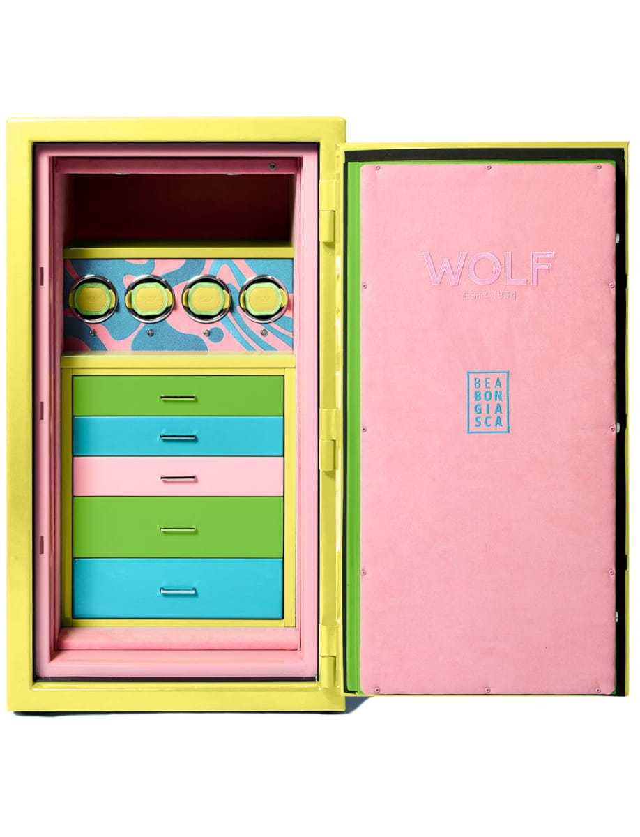 Open, brightly colored cabinet with a yellow frame