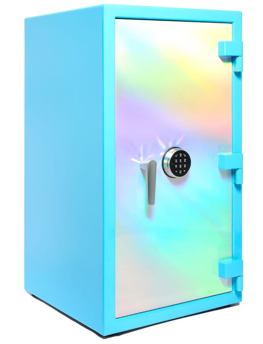Light-blue safe with a holographic, rainbow-tinted door, silver lever handle, and keypad lock on the front.