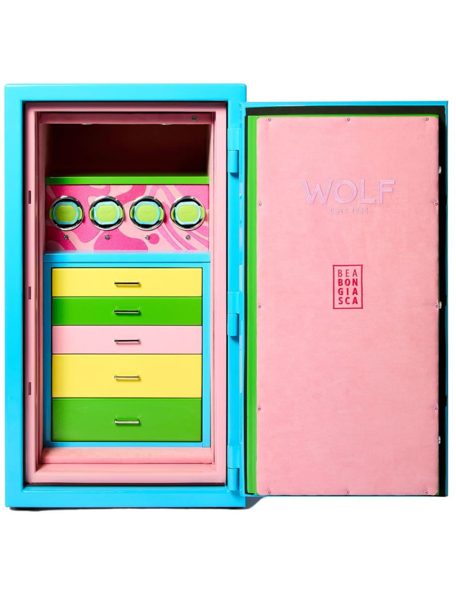 Open bright blue safe showing a colorful interior