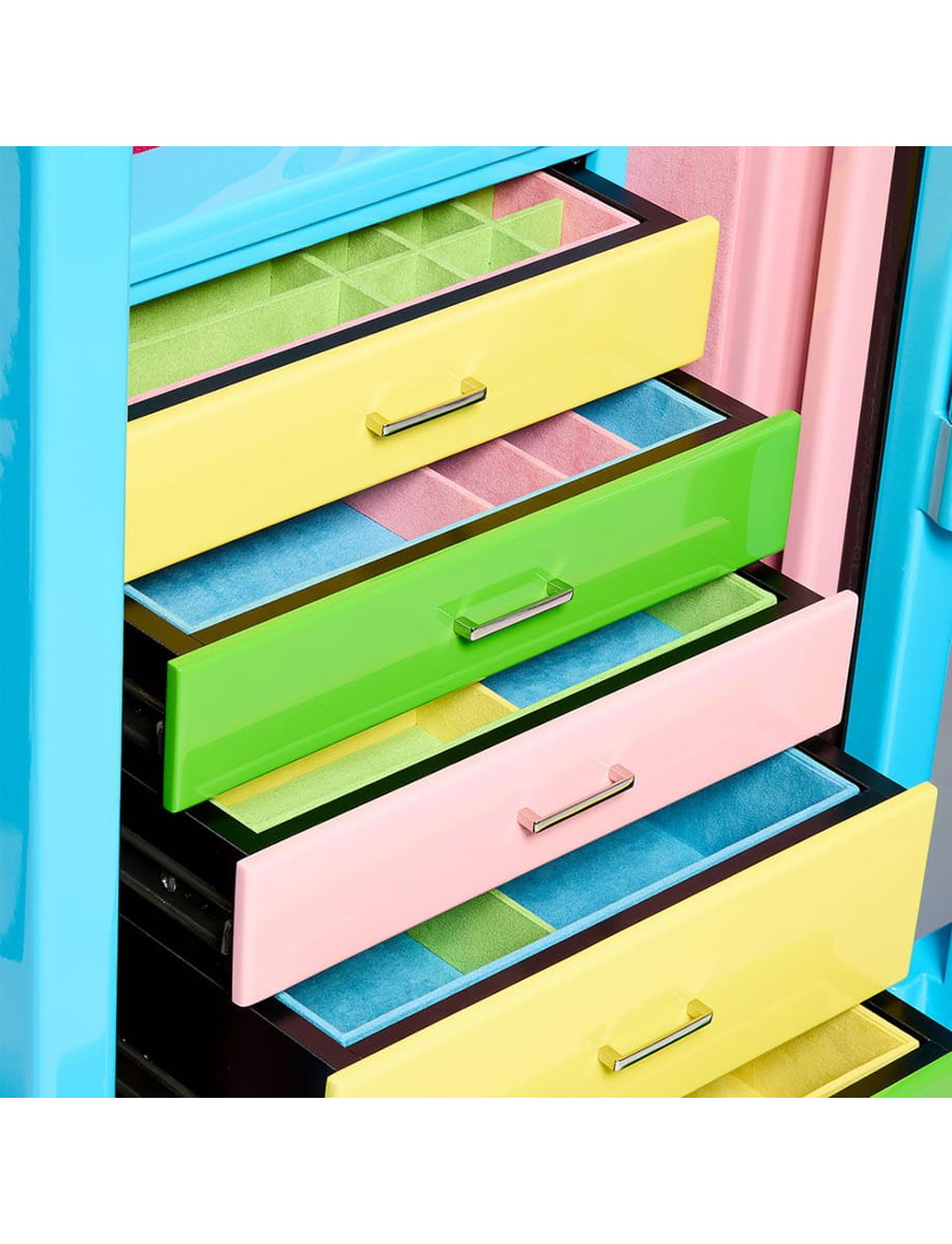 Colorful multi-drawer cabinet with pastel yellow, pink, green, and blue drawers open against a blue frame.