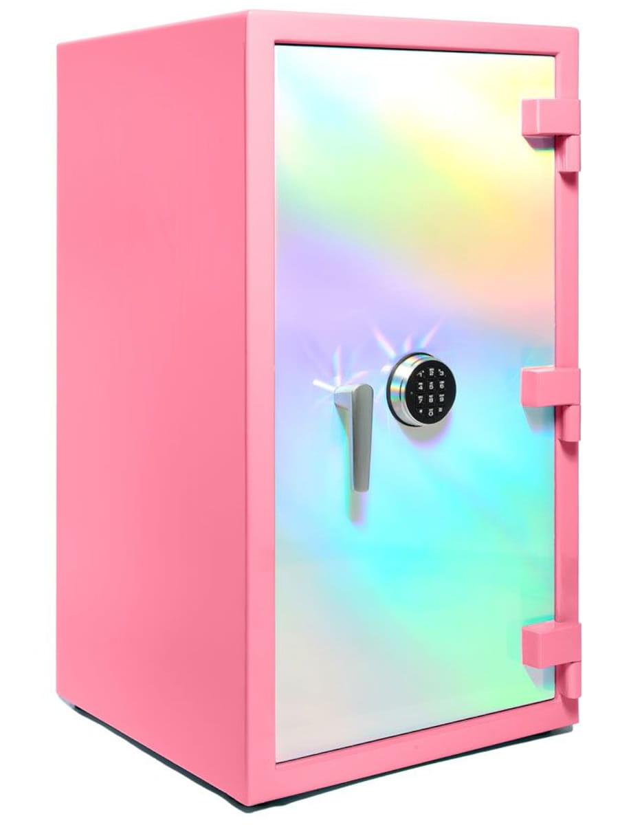 Pink metal safe with holographic rainbow door, handle, and digital keypad lock used for secure storage.