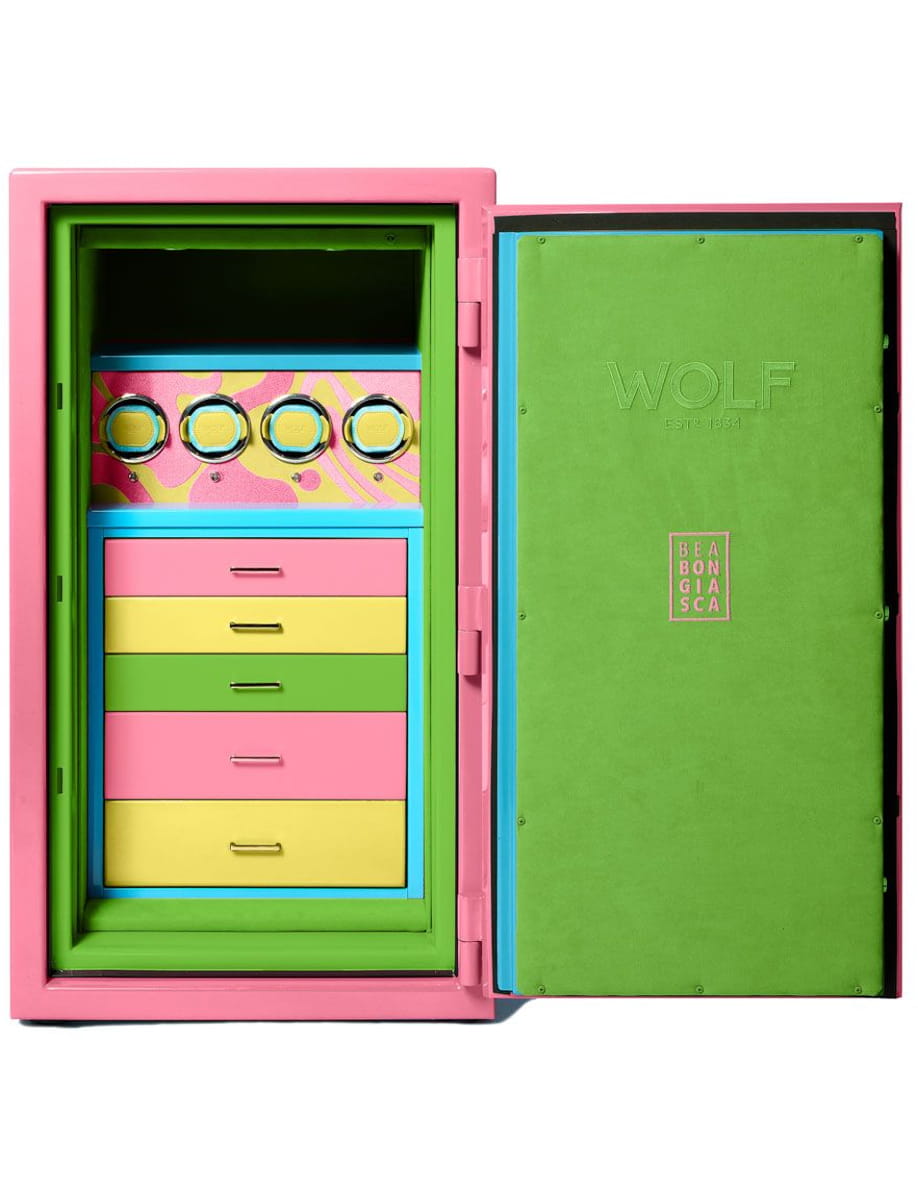 Open brightly colored cabinet with pink frame