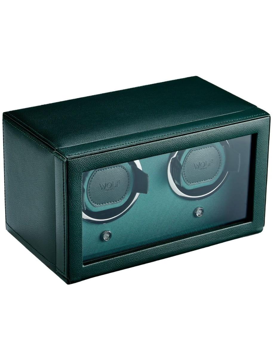 Green leather watch winder safe with a glass front showing two circular winders inside