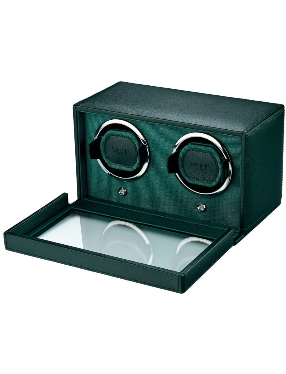 Green leather watch winder with two circular winders and a pulled-out glass-front drawer