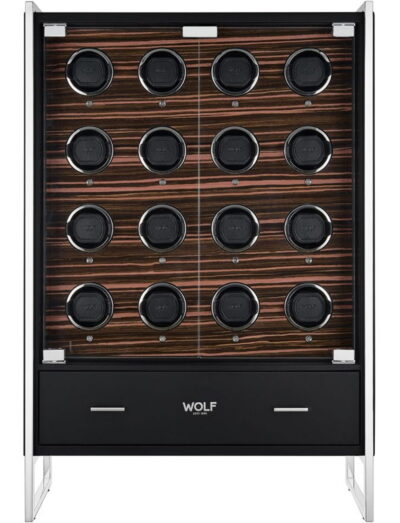 Wolf 16 Piece Watch Winder Cabinet with locking tempered glass doors and ebony macassar wood panel chrome