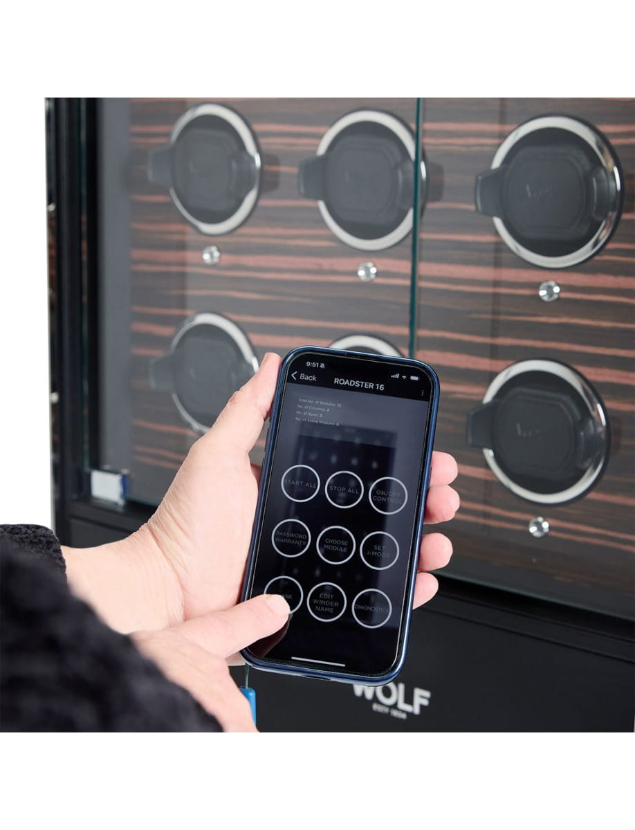 Person holds a smartphone displaying a circular control menu (ROADSTER 16) in front of a wooden panel with round dial locks, suggesting a remote control or setup screen.
