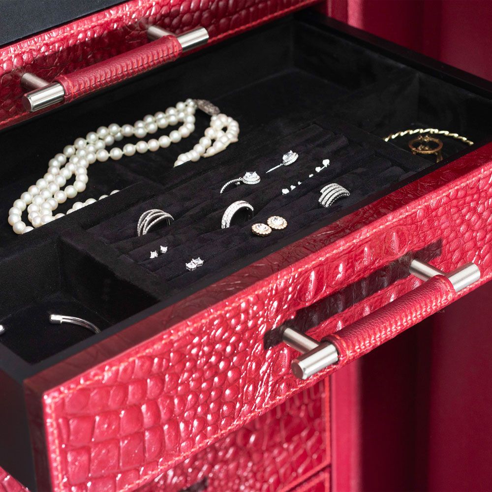 Open drawer of red Wolf watch winder safe