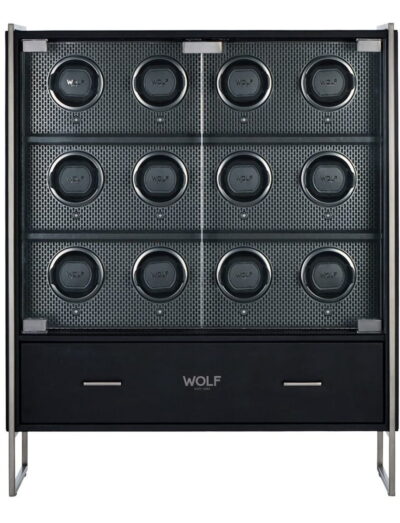 Wolf 12 Piece Watch Winder Cabinet with Smooth bio-based leather / Black Powder Coat