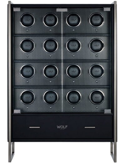 Wolf 16 piece watch cabinet with Smooth bio-based leather / Black Powder Coat