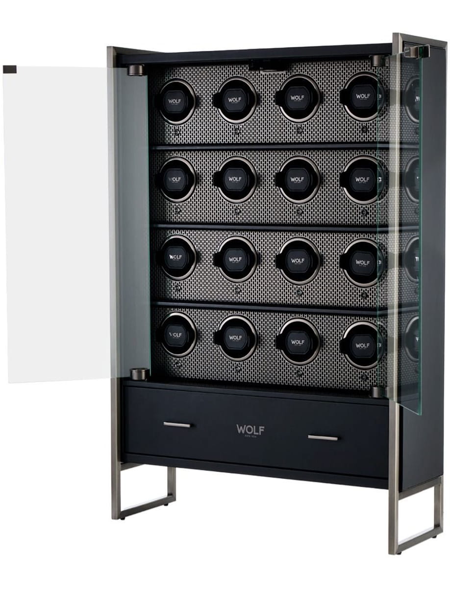 Glass-front watch winder with multiple watch racks and Wolf branding on the circular units inside a stainless frame.