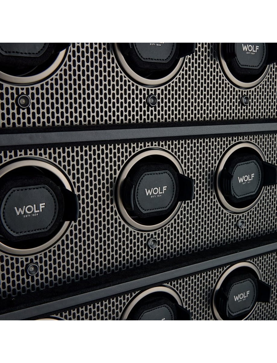 Close view of Wolf 16 piece watch cabinet with Smooth bio-based leather / Black Powder Coat