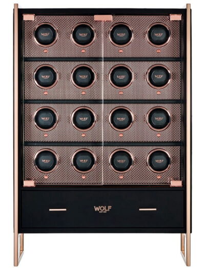 Wolf 16 Piece Cabinet watch winder with Smooth bio-based leather / Black Powder Coat material